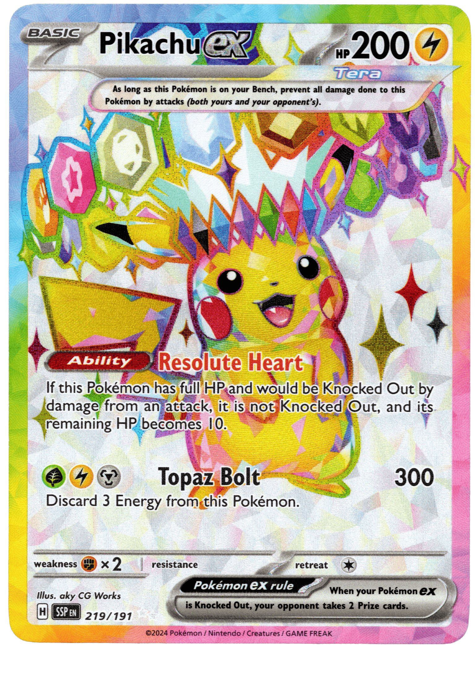 Pikachu ex Pokémon-kort med 200 HP och kraftfulla attacker.