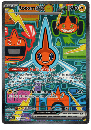 Rotom ex Pokémon kort med elektriska attacker och design.