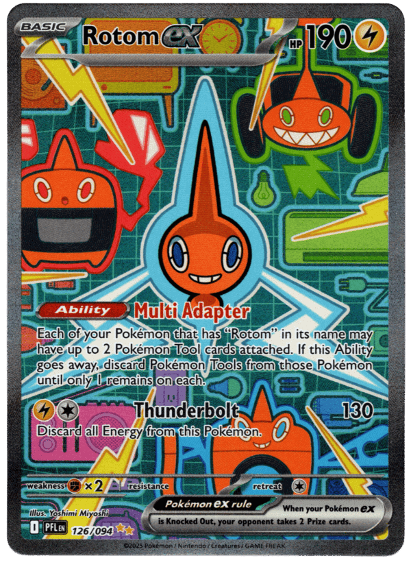 Rotom ex Pokémon kort med elektriska attacker och design.