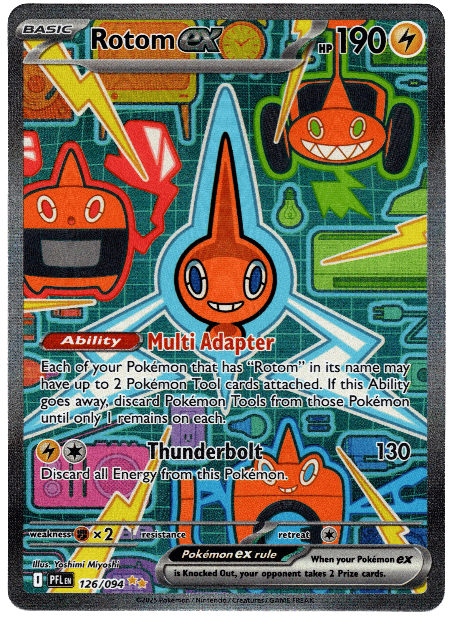 Rotom ex Pokémon kort med elektriska attacker och design.