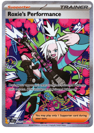 Pokémon-kort med Roxie som spelar gitarr och gör segertecken.