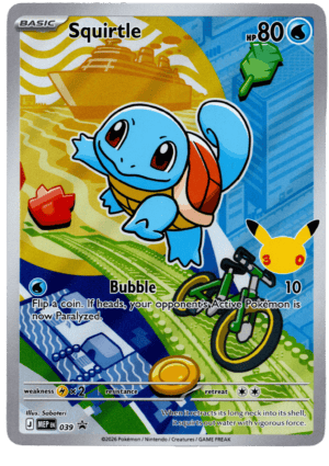 Squirtle Pokémon-kort med cykel och vattenelement, 80 HP, svaghet och förmåga.