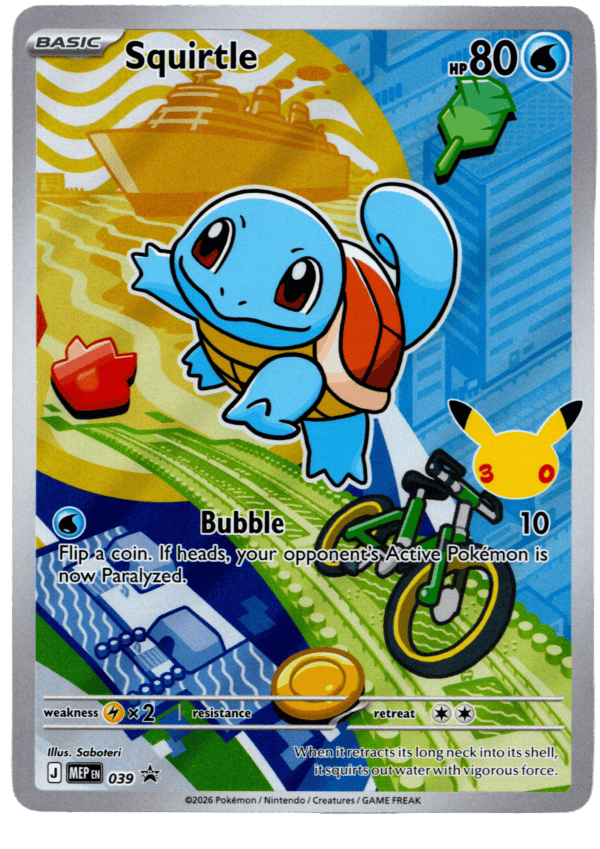 Squirtle Pokémon-kort med cykel och vattenelement, 80 HP, svaghet och förmåga.