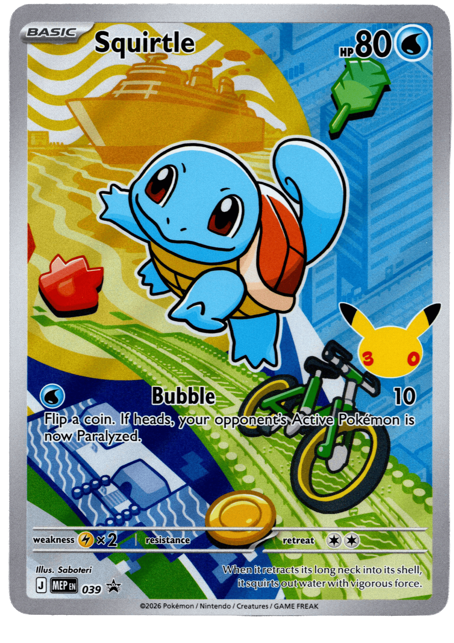 Squirtle Pokémon-kort med cykel och vattenelement, 80 HP, svaghet och förmåga.