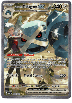 Pokémon card featuring Steven's Metagross ex with 340 HP and X-Boot ability.