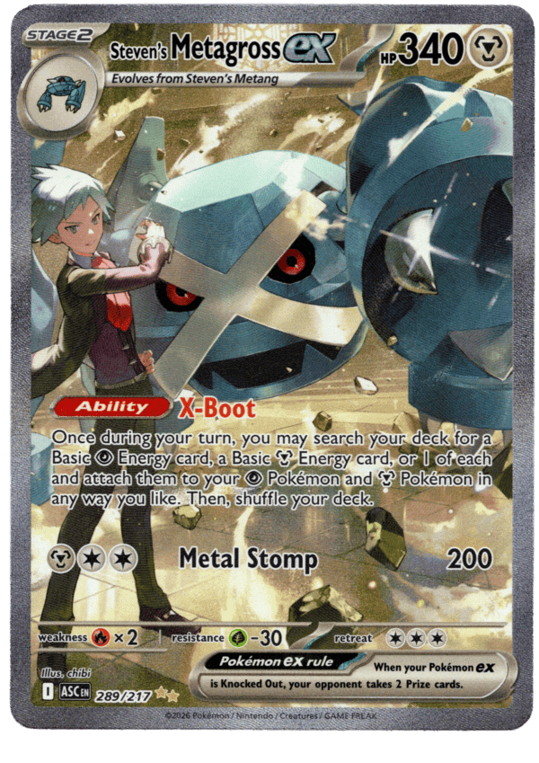 Pokémon card featuring Steven's Metagross ex with 340 HP and X-Boot ability.