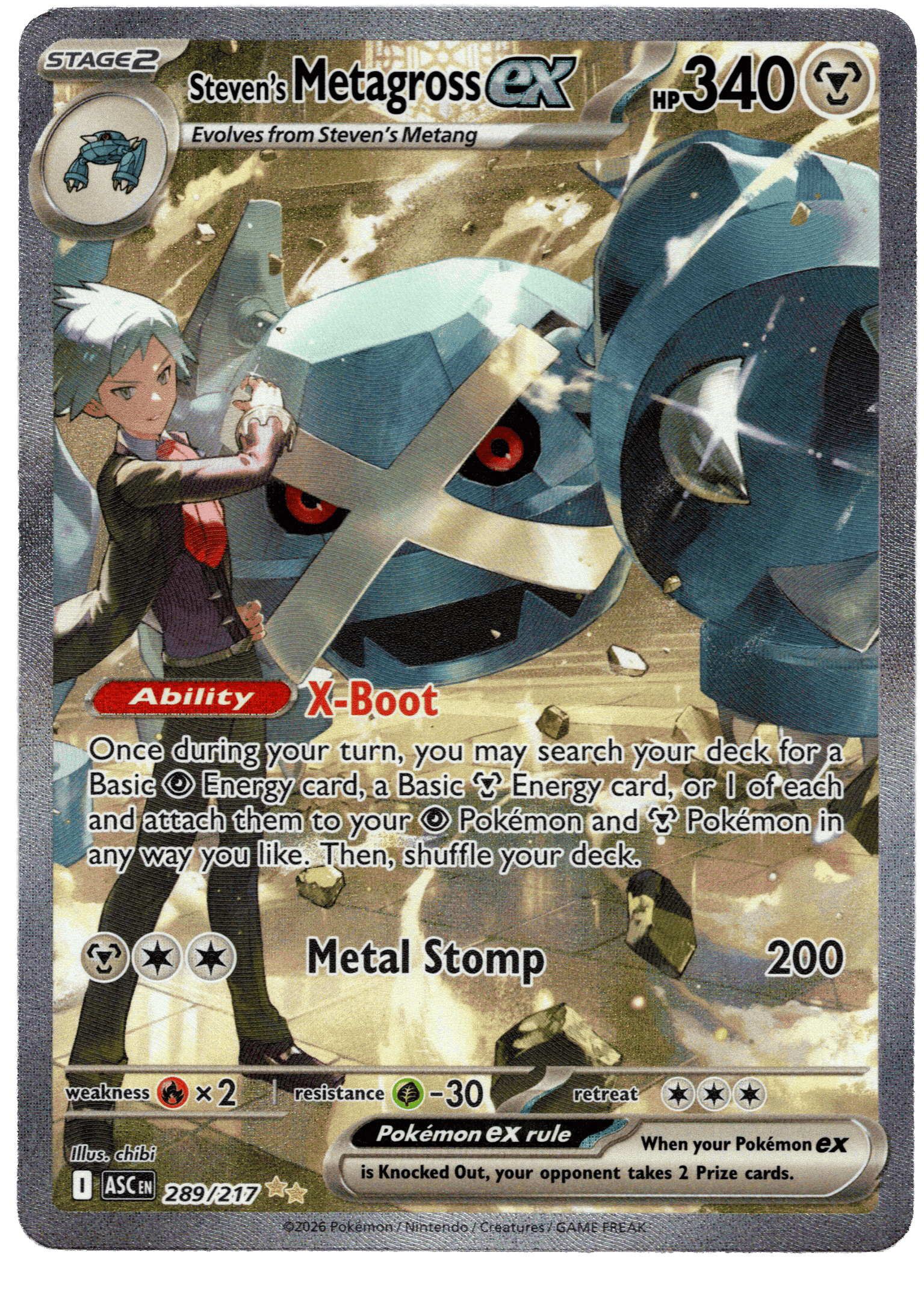 Pokémon card featuring Steven's Metagross ex with 340 HP and X-Boot ability.