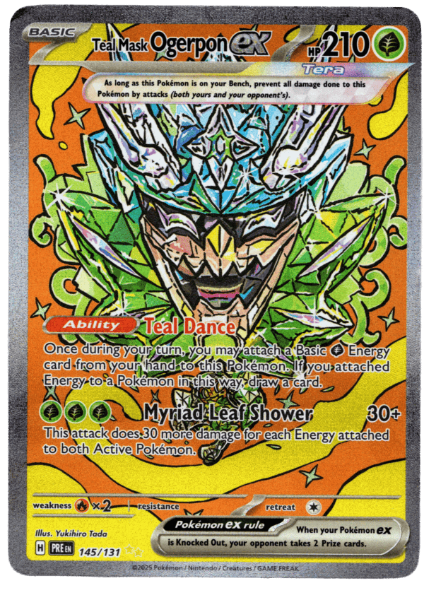Pokémon Ogerpon ex Teal Mask with green and blue design, fierce expression.