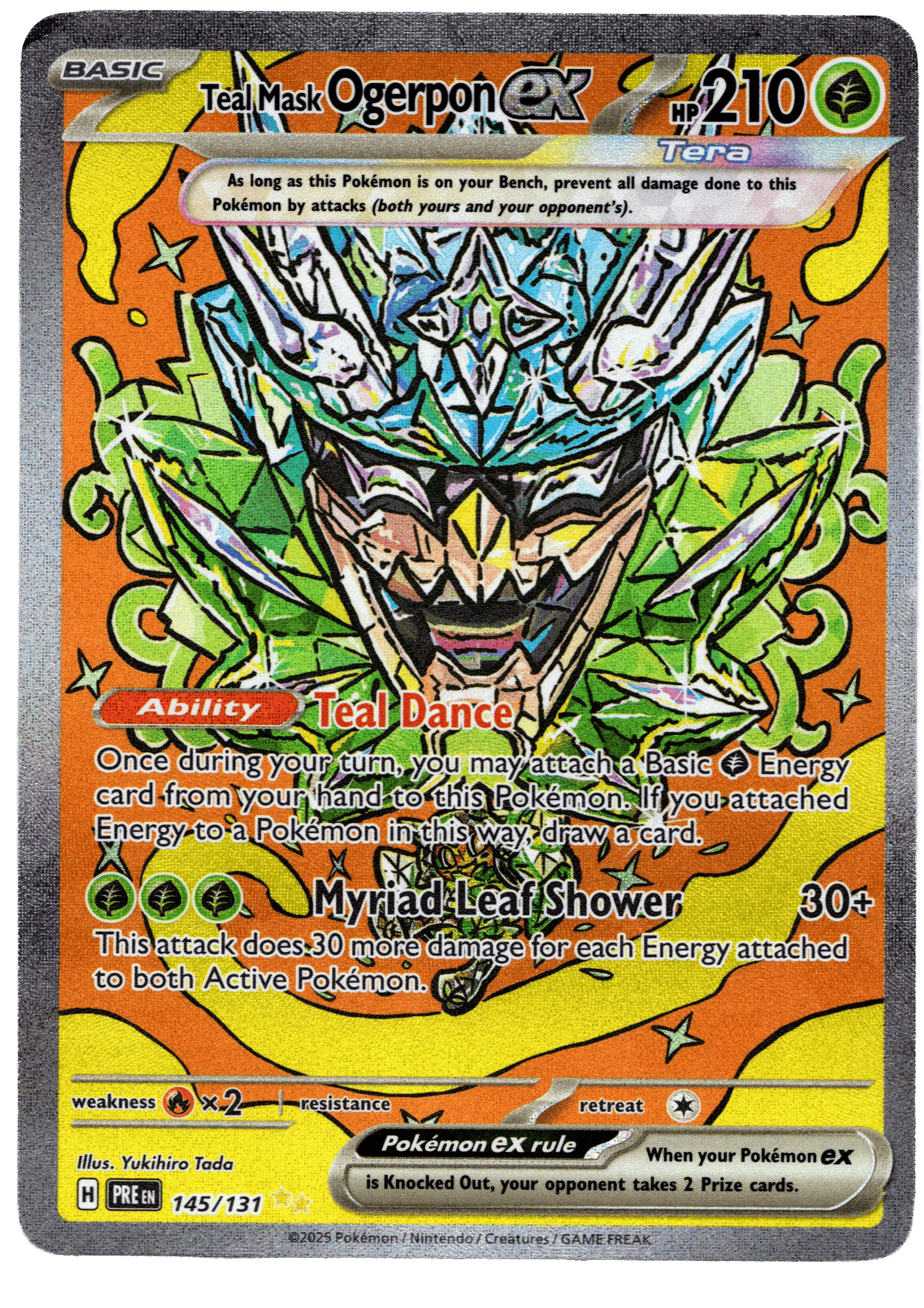 Pokémon Ogerpon ex Teal Mask with green and blue design, fierce expression.