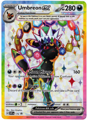 Vacker Pokémon Umbreon ex med färgglad bakgrund och smycken.