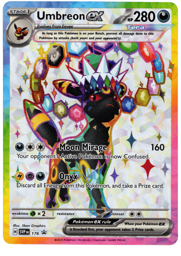 Vacker Pokémon Umbreon ex med färgglad bakgrund och smycken.