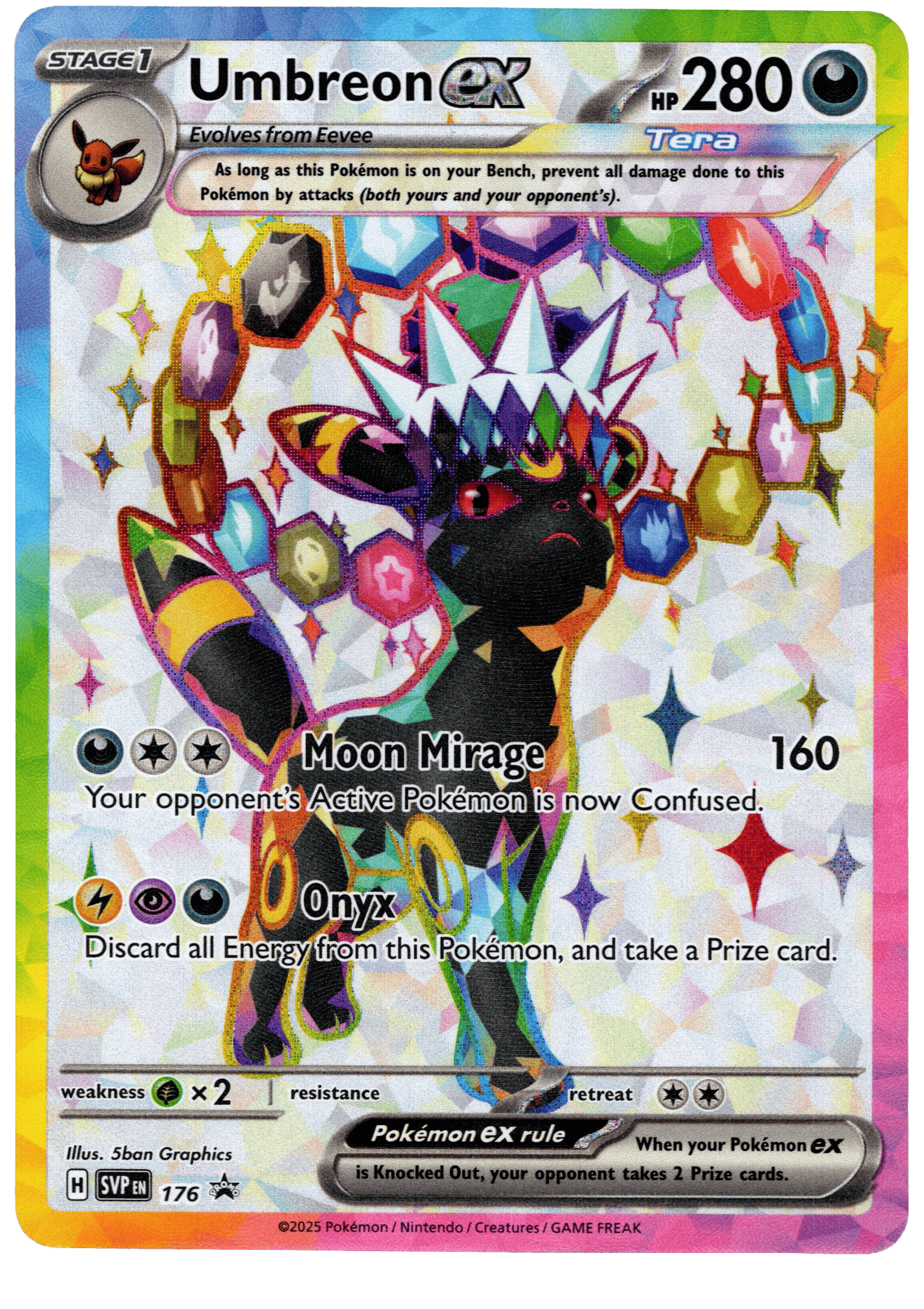 Vacker Pokémon Umbreon ex med färgglad bakgrund och smycken.